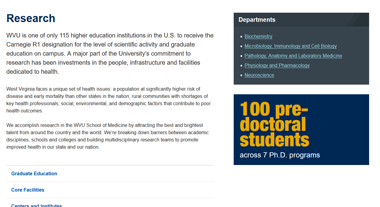 The School of Medicine’s Research page, complete with a “Departments” widget containing a list of links to five different research-related departments and a statistics widget with the text “100 pre-doctoral students across 7 Ph.D. programs.”
