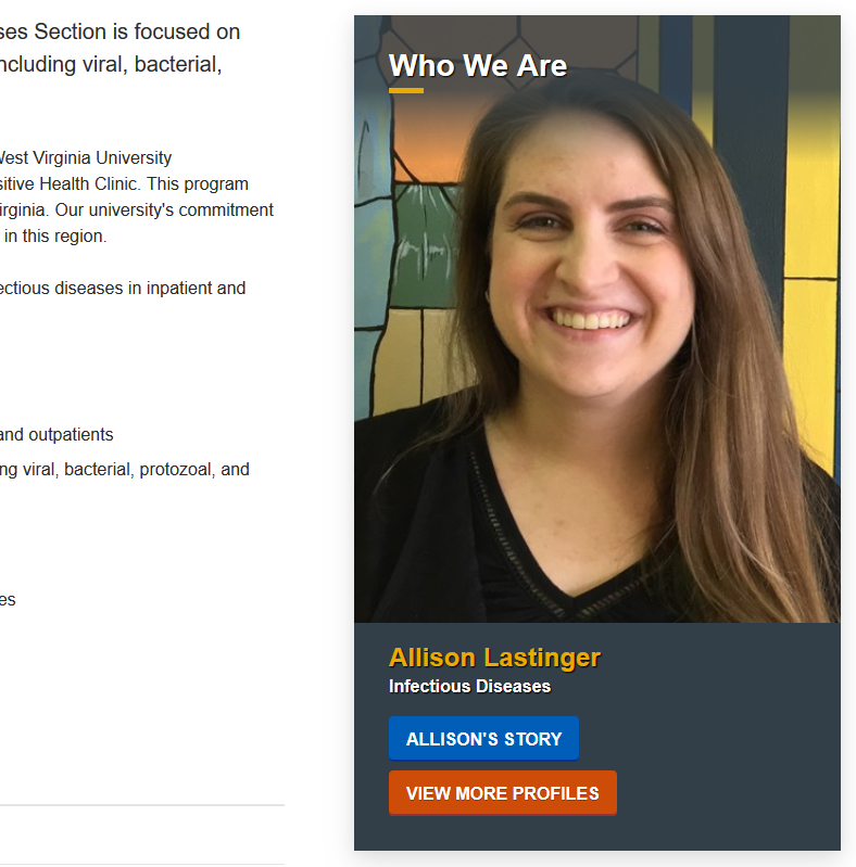 A profile widget of Alison Lastinger of the Infectious Diseases program. Alison’s photo is overtop of her name, her area of study, and buttons to her story and more profiles.